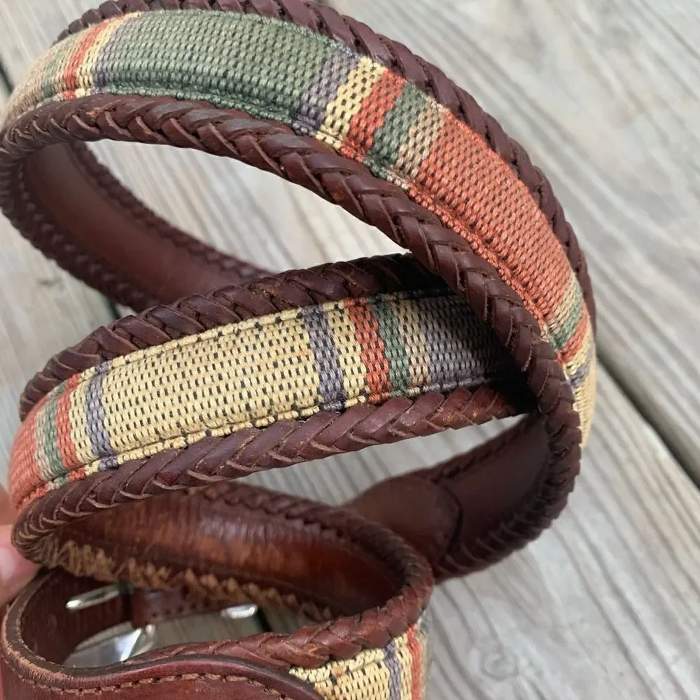Vintage Brighton leather and needlepoint style striped belt L